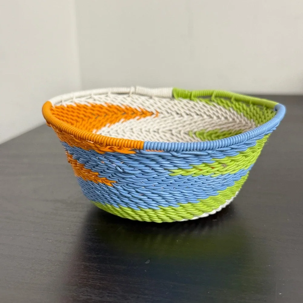Zulu Telephone Wire Basket Spiral Design Small Woven Bowl Orange Blue Green 4.5